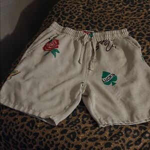 Men's Cream Embroidered Casual Drawstring Shorts